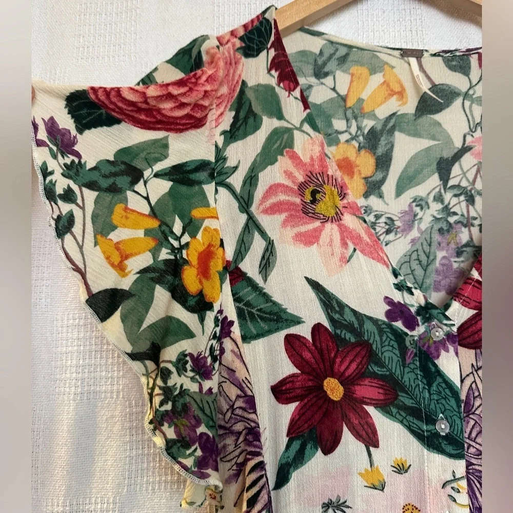 Free People Multicolored Floral Midi Dress with Flutter Sleeves